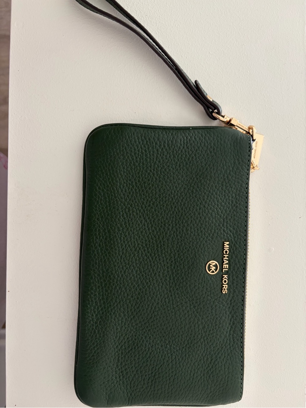 Michael Kors Dark Green Pebbled Leather Wristlet with Gold Hardware